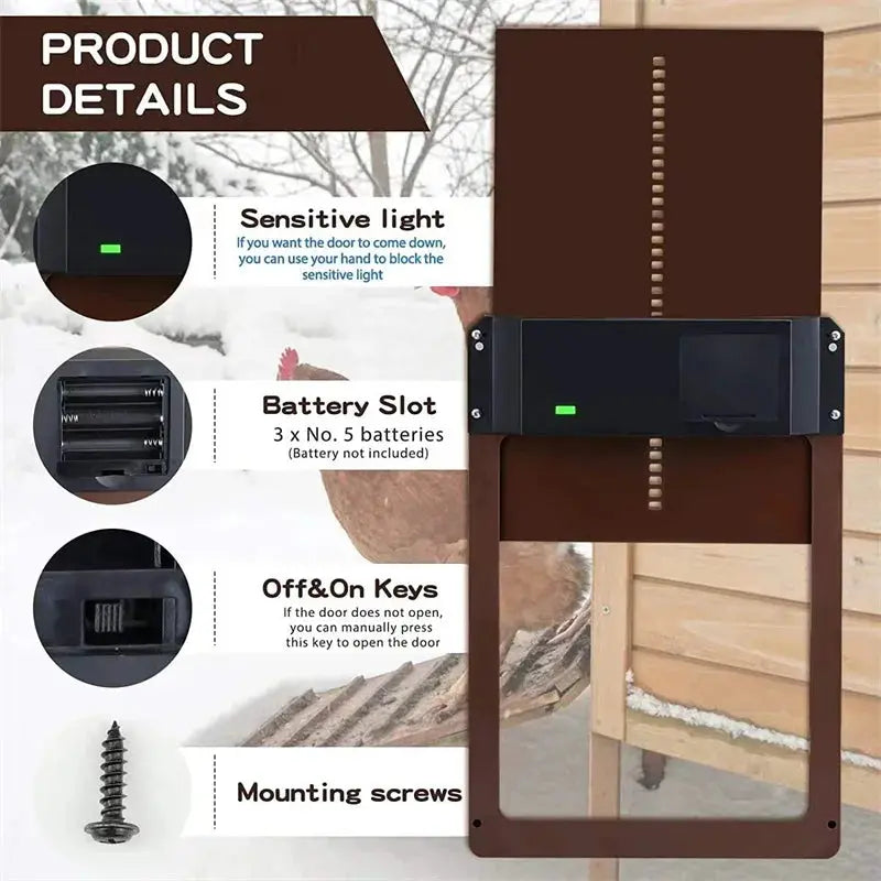 Eggs on Legs - Automatic Chicken Coop Door with Light Sensor - Battery Powered - Eggs on Legs
